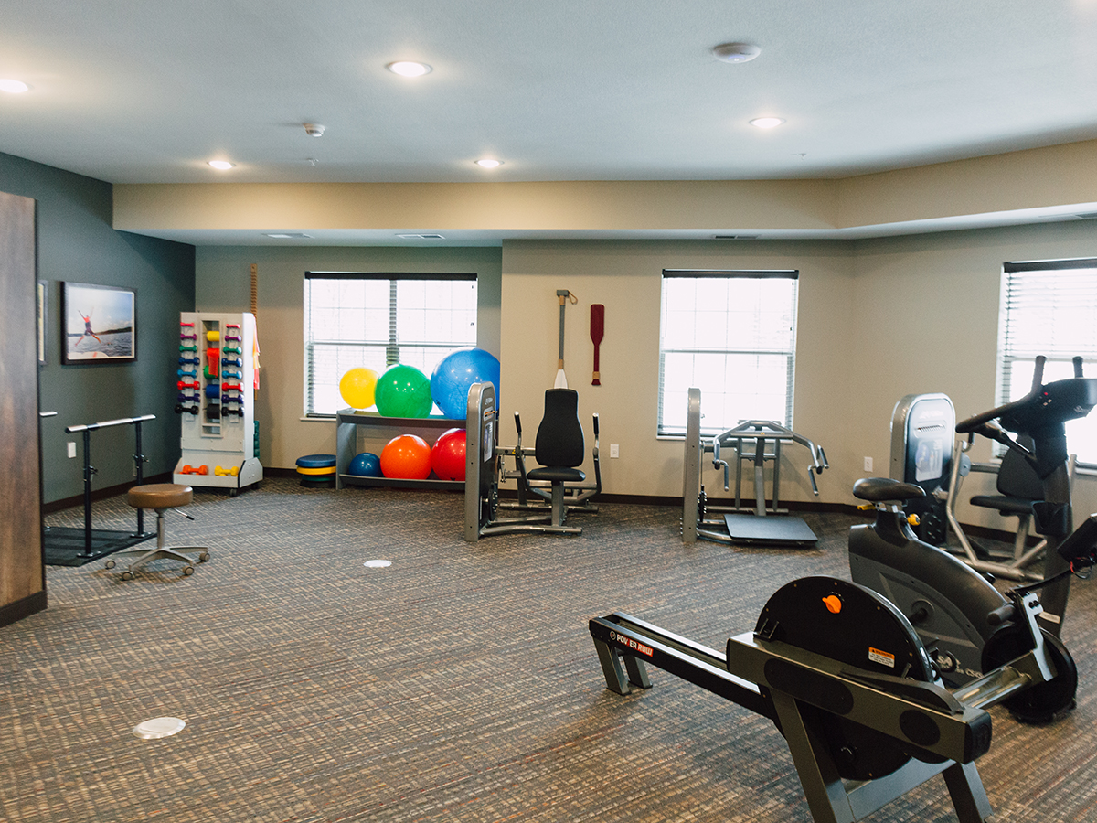 A spacious gym with various exercise equipment, including stationary bikes, colorful exercise balls, and therapy tools. Bright, inviting ambiance with large windows.